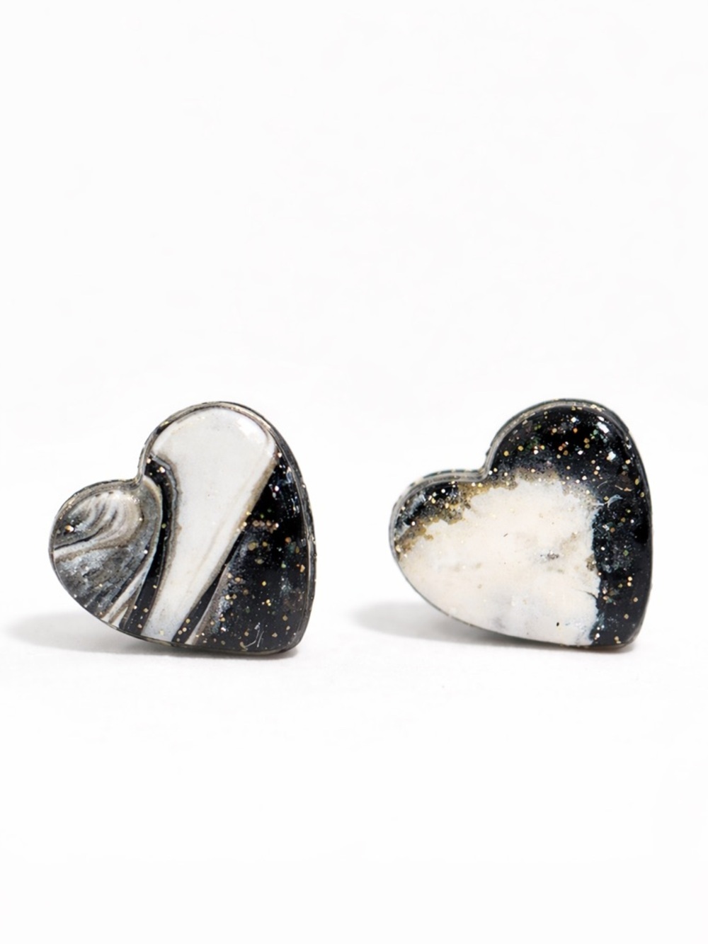 Handmade Black Glitter & White Heart Stud Earrings - Women Jewelry